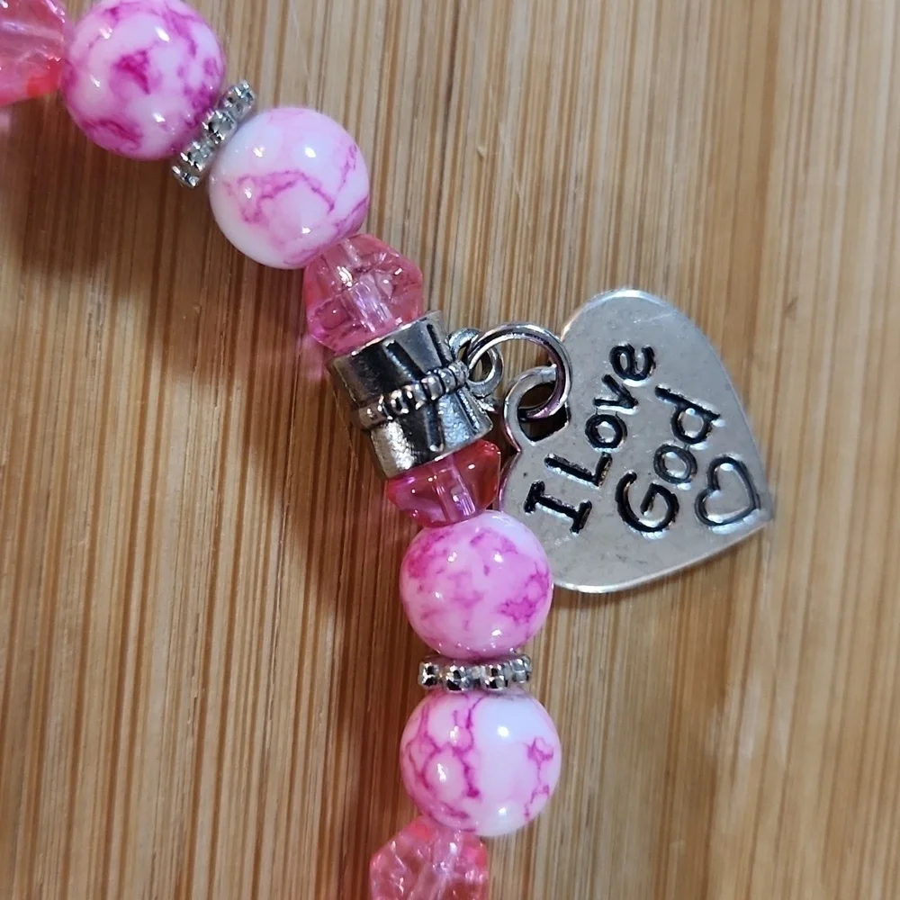 Hand Crafted Stretch Bracelet Pink Beads Silver I Love God Charm